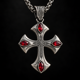 Vintage Red Zircon Cross Pendant Necklace, Religious Faith Men’s Necklace