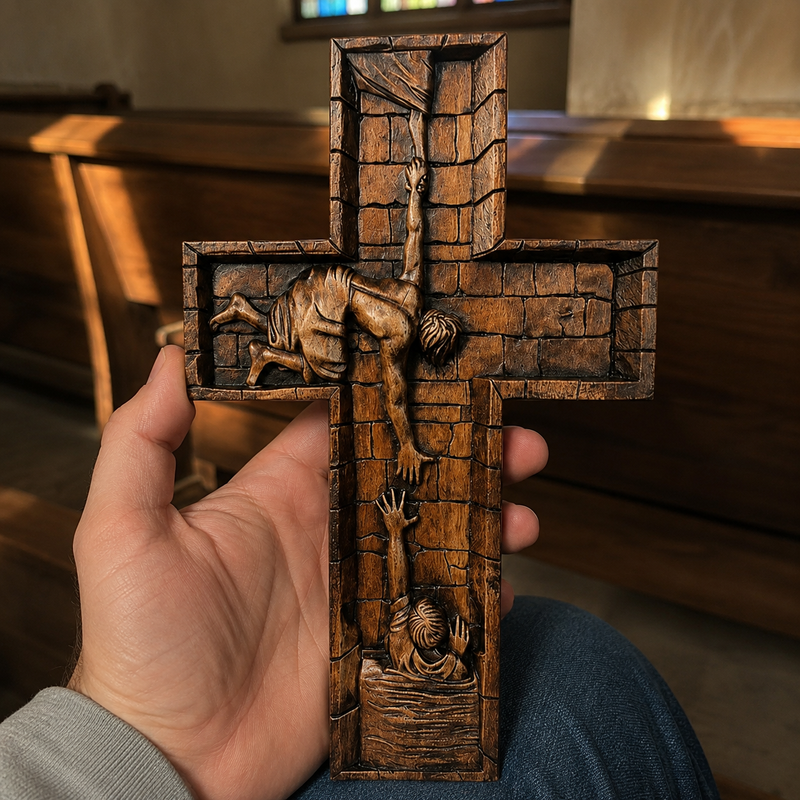 Standing Christ reaching down Catholic cross with wooden base