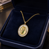 Oval Baguette Cubic Zirconia Saint Jude Medal Necklace, Gold Plated Brass St. Jude Pendant Religious Jewelry