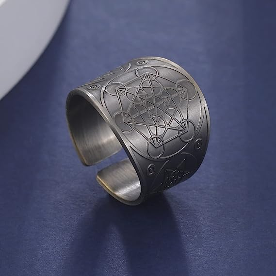 Amaxer Metatron’s Cube Ring for Men Stainless Steel Vintage Sacred Geometry Spiritual Protection Amulet Ring Statement Band for Men Women