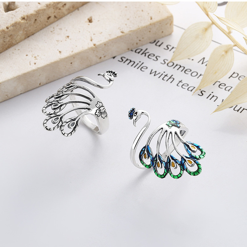 Peacock Surround Size Adjustable Opening 925 Sterling Silver Women's Ring