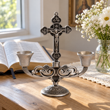 Vintage Jesus Cross Candelabra: Faith Woven into Warm Glow