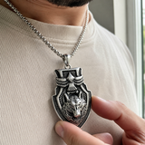 Vintage Shield Wolf & Eagle Stainless Steel Necklace, 3D Embossed Totem Pendant Box Chain for Men