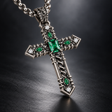 Vintage Green Stone Cross Pendant Necklace for Men