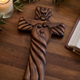Holy Family wood icon decoration, Joseph, Mary, Baby Jesus, carved wooden cross, wall decoration