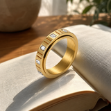 6mm Grooved Square Green CZ Rotatable Spinner Stainless Steel Ring
