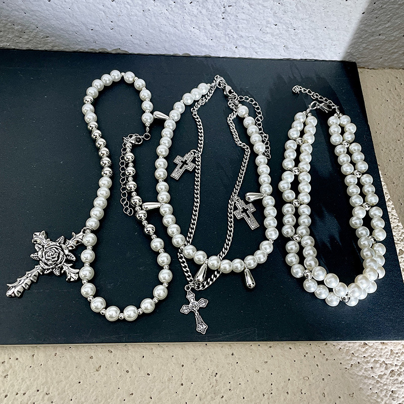 Multi-layer cross pearl necklace