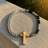 Two-Tone Cross & Natural Stone Bracelet