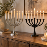 9-Branch Hanukkah Menorah – A Symbol of Faith, Hope & Divine Light | Elegant Gold, Silver, Bronze & Black Candle Holder