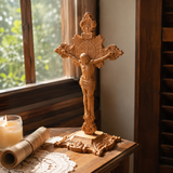 Wood carving of the Cross of the Order of Saint Benedict - with base