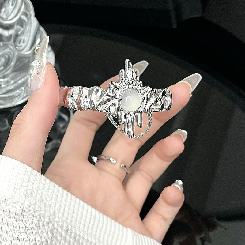 Irregular Pleated Chain Moonstone Skeleton Size Adjustable Bracelet Ring Set