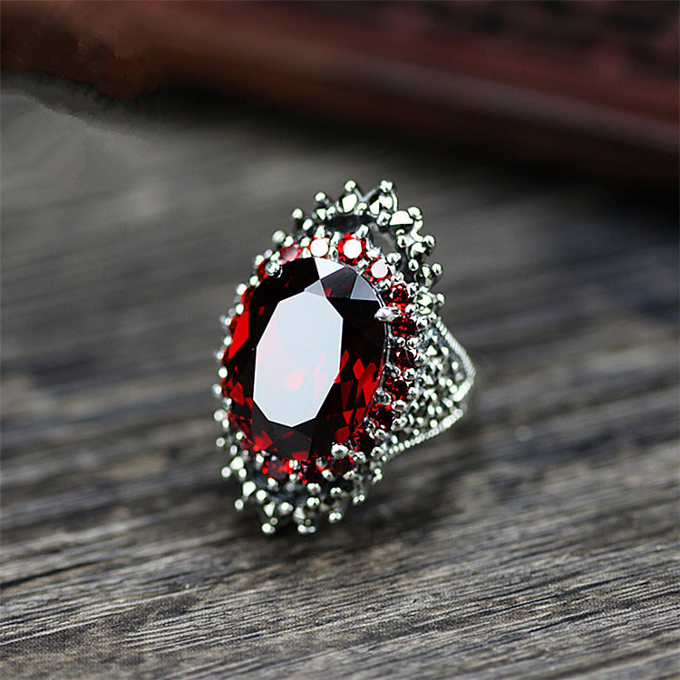 Vintage Thai Silver Large Gemstone Ring Red Pomegranate Jewelry Exaggerated Black Mine Ring