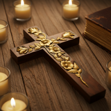 Hand-Carved Rose Cross Wall Art ✝️🌹 | Solid Beechwood Christian Decor with Golden Flowers