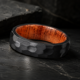 Hammered Titanium Steel Ring with Natural Wood Inner Liner, 6mm Vintage Domed Band, Rustic Wooden Inlay Wedding Promise Ring for Men & Women