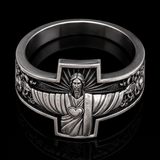S925K Silver Jesus Guardian Cross Sacred Heart of Jesus Ring