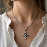 Vintage North Star Men Stainless Steel Necklace, Wrapped Cross Black CZ 4‑Point Star Pendant With Box Chain