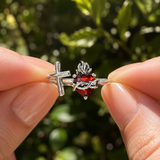Sacred Heart of Jesus Thorn Flame Cross Adjustable Open Ring