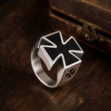 3D Raised Black Enamel Maltese Cross Stainless Steel Mens Ring