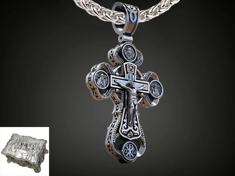 Jesus Virgin Mary Trinity Double Sided Engraved S925K Silver Cross Necklace