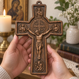 Hand-Carved Beechwood Saint Benedict Protection Crucifix – Christian Wall Cross