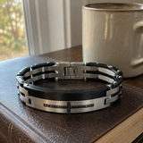 Two-Tone Black Silver Inlaid Black Crystal Cross Heavy Stainless Steel Link Bracelet
