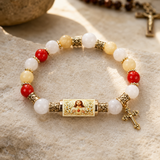Chalcedony Cross Beaded Bracelet, Vintage Religious Printed Tube Bead Faith Jewelry for Women