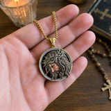 Vintage 3D Enamel Crown of Thorns Jesus Face Medallion Stainless Steel Necklace - design detail