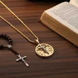 Dark wood Bible rosary flat lay