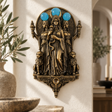 Triple Hecate Wall Sculpture – Antique Bronze Goddess Decor with Blue Orb Accents