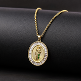 Oval Baguette Cubic Zirconia Saint Jude Medal Necklace, Gold Plated Brass St. Jude Pendant Religious Jewelry