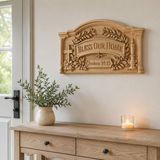 Personalized “Bless Our Home” Hand-Carved Beechwood Wall Plaque - size and finish detail
