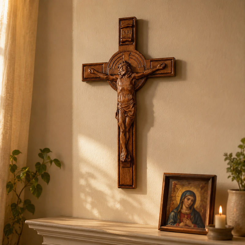 Wood grain and hand-carved Crucifix details