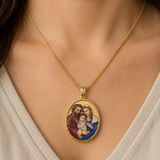 3D Raised Enamel Holy Family Oval Gold Stainless Steel Necklace