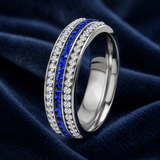 Three Row Blue & White Cubic Zirconia Eternity Ring, 6mm Titanium Steel Full Paved Stackable Band, Elegant Wedding Promise Ring for Women