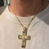 Multicolor Zircon Jesus Crucifix Gold‑Tone Stainless Steel Necklace