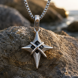 Vintage North Star Men Stainless Steel Necklace, Wrapped Cross Black CZ 4‑Point Star Pendant With Box Chain