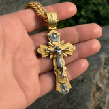 Gold-Plated Copper Crucifix Pendant with Jesus Christ and Religious Figures