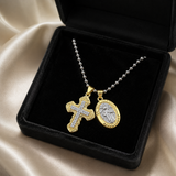 Two Charms Necklace, Iced Cross & Miraculous Medal Pendant, 316L Stainless Steel Religious Ball Chain Jewelry