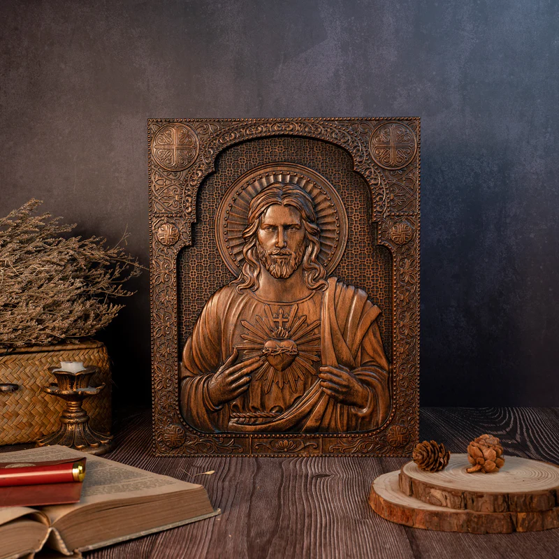 Our Lord Jesus Sacred Heart , Immaculate Heart of Mary Sacred Heart Wood Sculpture - For the FaithfulWood Carving