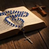 Devotional table with open Bible and crucifix