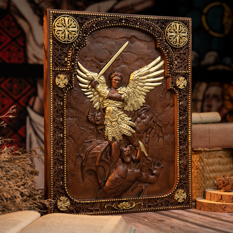 Archangel Michael natural solid wood religious wood carving - The Holy Sword Slays Demons