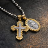 Gold-Tone Copper Zircon Cross & Miraculous Medal Double Pendant Necklace – Christian Faith Jewelry