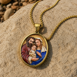 3D Raised Enamel Holy Family Oval Gold Stainless Steel Necklace