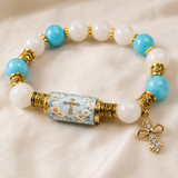 Chalcedony Cross Beaded Bracelet, Vintage Religious Printed Tube Bead Faith Jewelry for Women