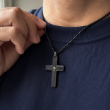 Two-Tone Bevel Edge Carbon Fiber Textured Inlaid Tiny Cross Stainless Steel Necklace