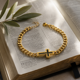 Men’s Carbon Fiber Inlay Cross Curb Chain Bracelet, 316L Stainless Steel Adjustable Religious Faith Bracelet, Silver & Gold Tone Christian Gift for Him