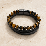 Triple Strand Natural Tiger Eye & Lava Rock Braided Leather Men’s Bracelet