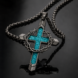 Crown of Thorns Turquoise Cross Necklace – Christian Faith Pendant with 24″ Chain