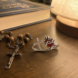 Sacred Heart of Jesus Thorn Flame Cross Adjustable Open Ring - craftsmanship detail