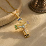 Multicolor Zircon Jesus Crucifix Gold‑Tone Stainless Steel Necklace